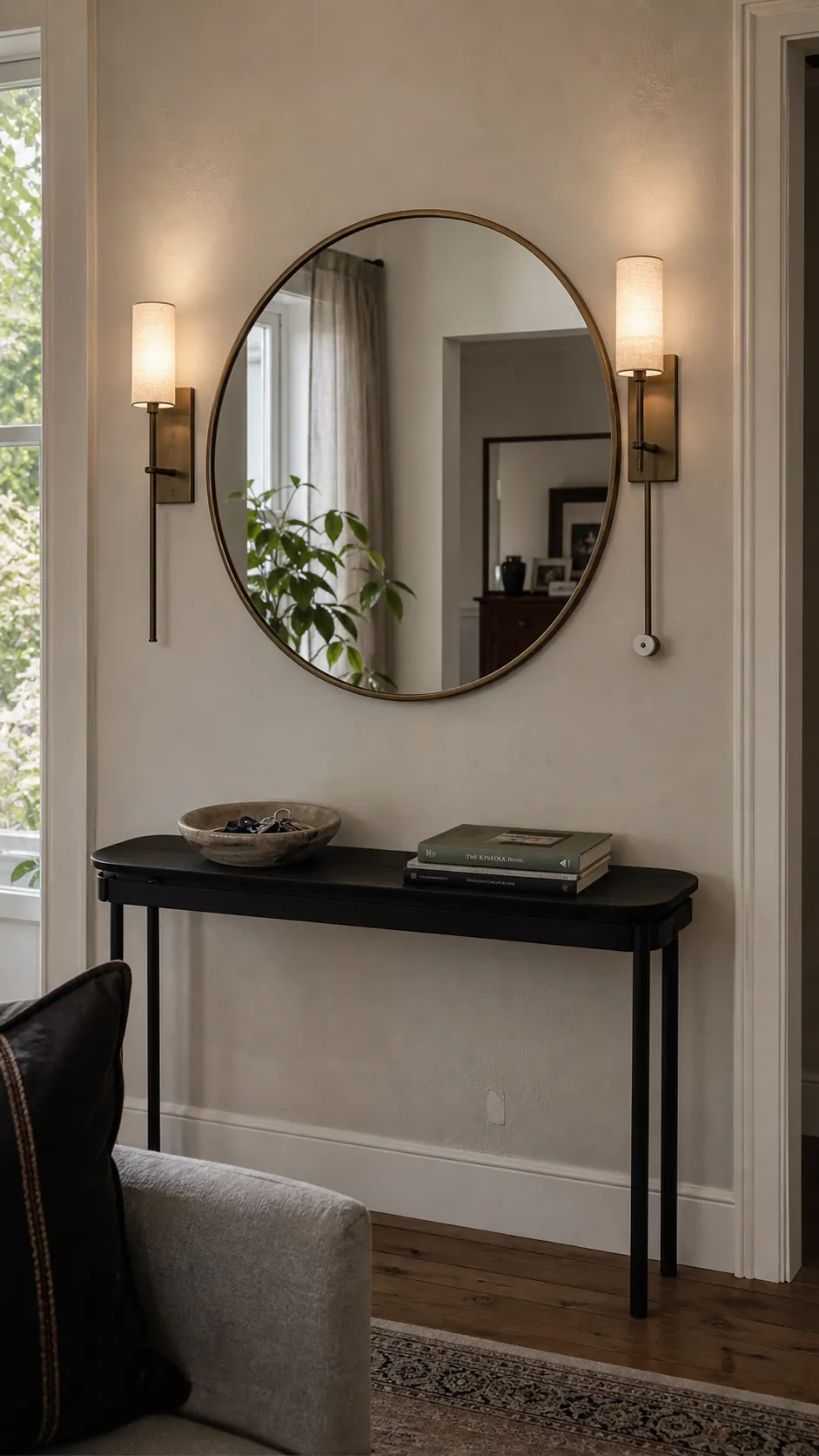 Round smoked-brass mirror with slim sconces in a living room