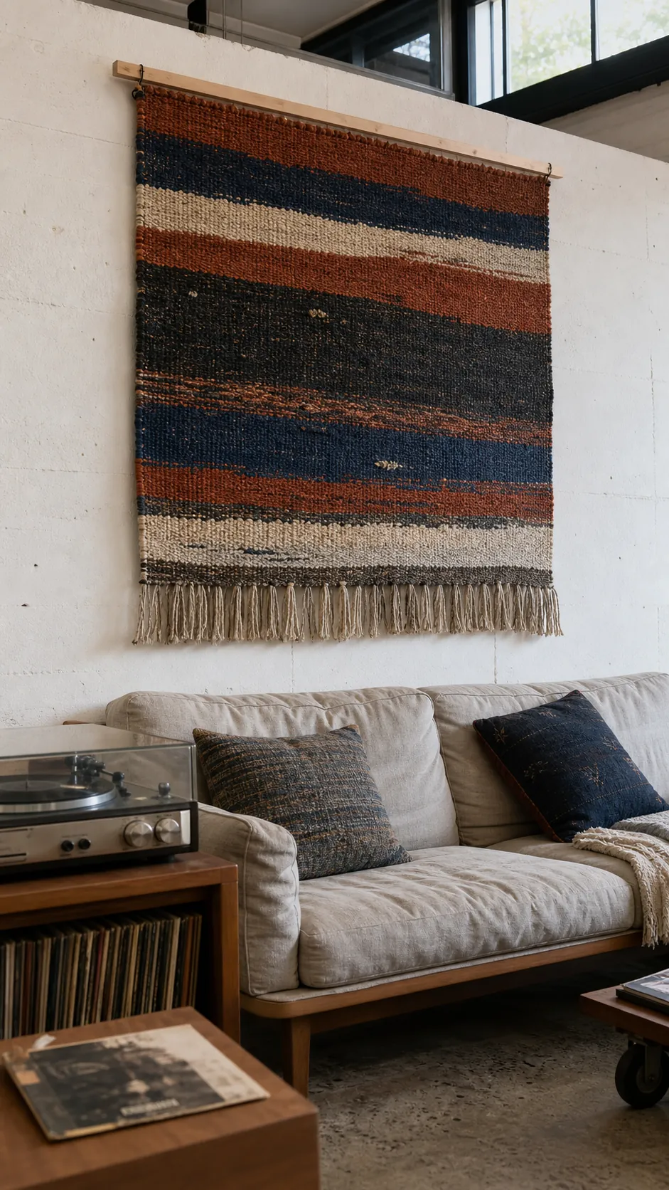 Handwoven rust and indigo textile hanging in a calm living room