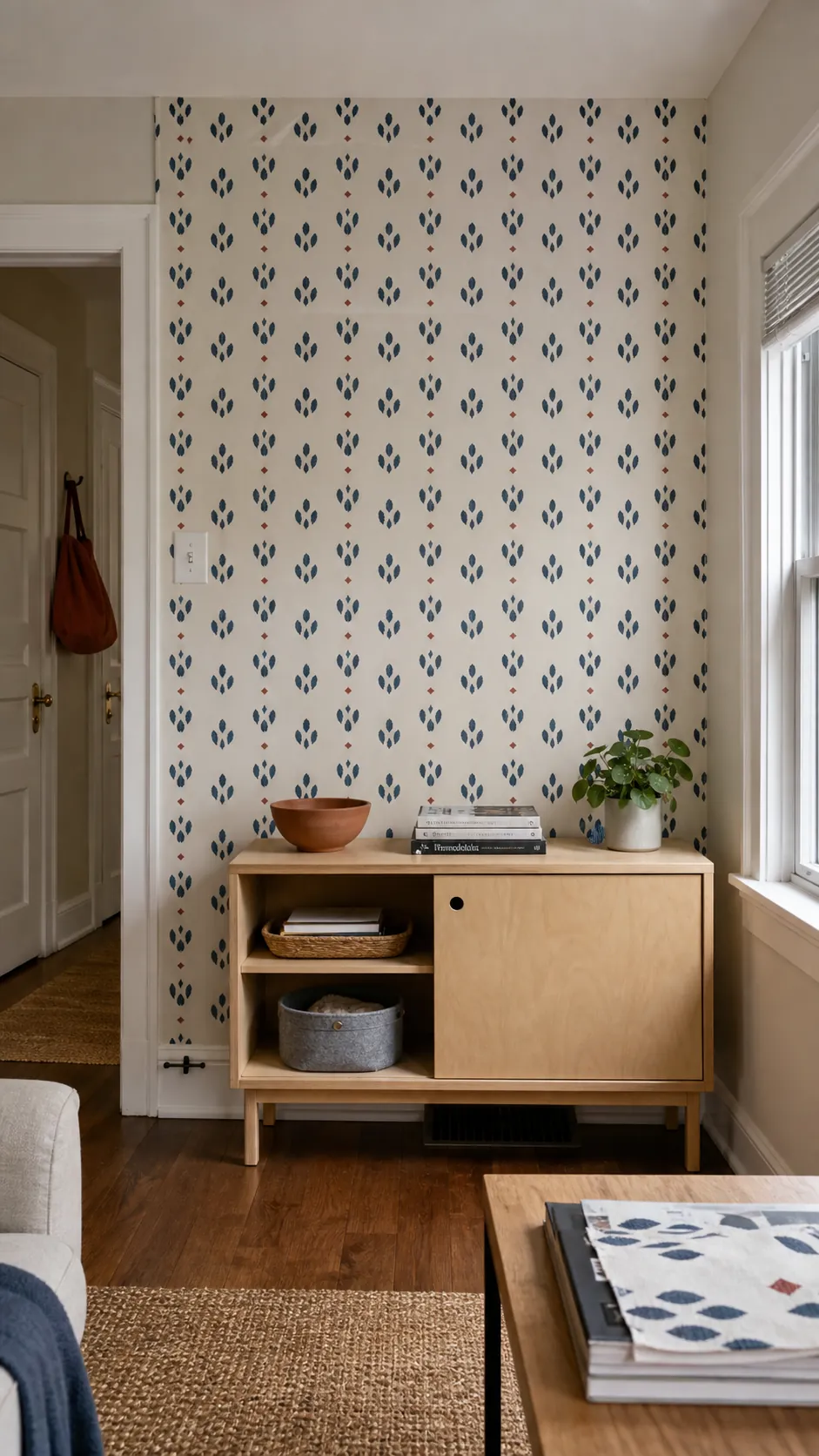 Indigo block-print peel-and-stick wallpaper in a compact living room