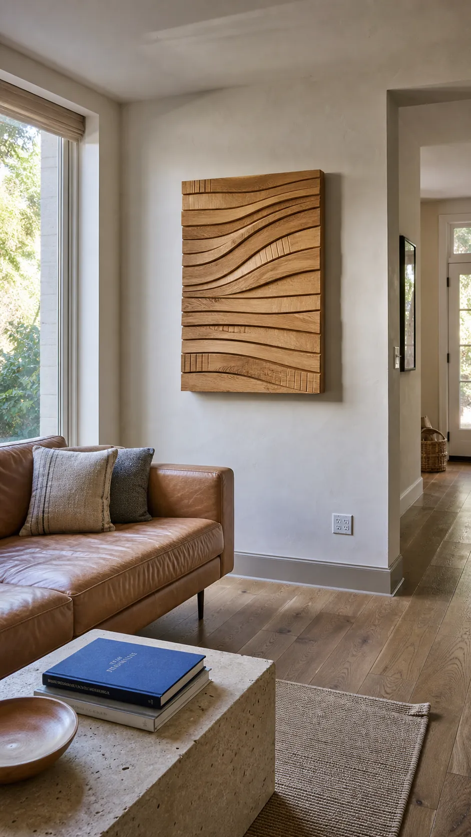 Sculptural oak relief casting natural shadows on a living room wall