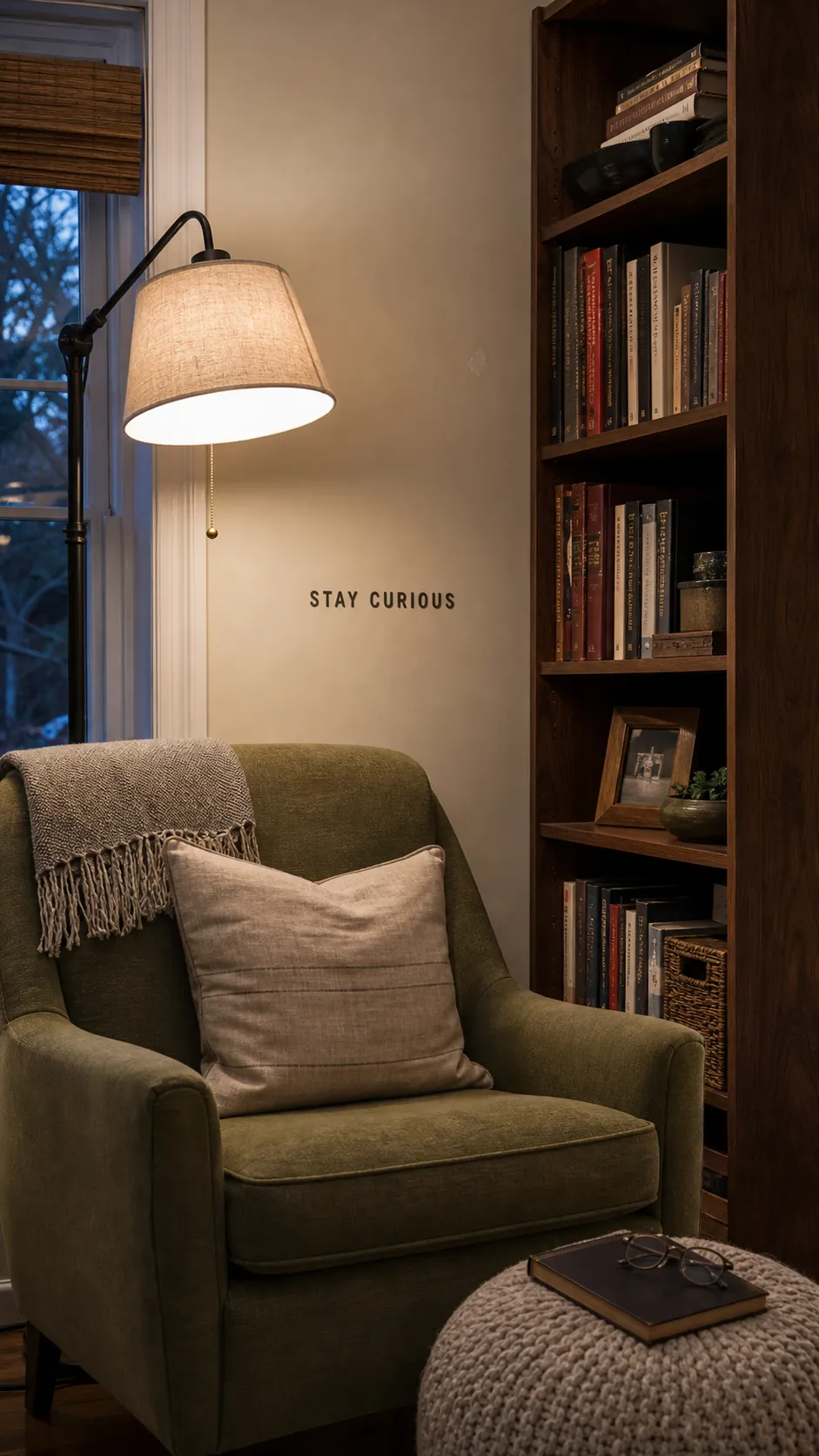 Small typographic quote decal beside a cozy living room reading chair