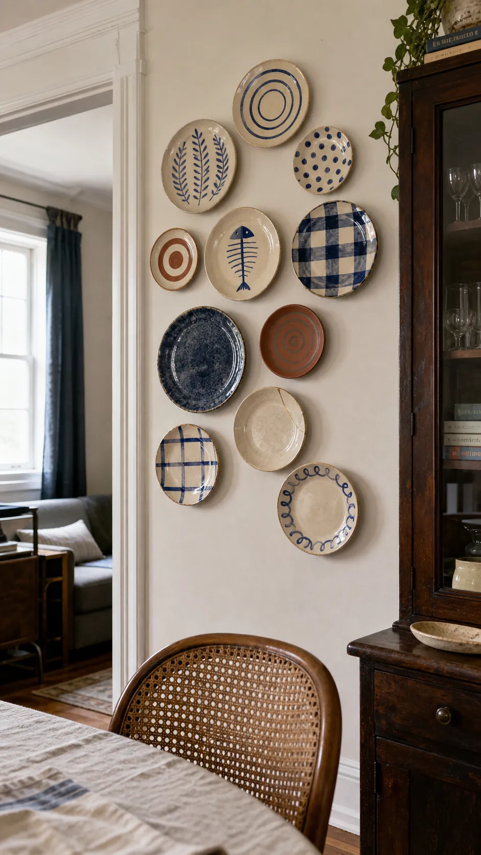 Collected cream cobalt and terracotta ceramic plates on a living room wall
