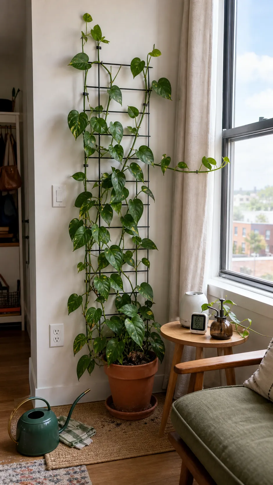 Climbing pothos trained on a slim wall trellis near a living room window