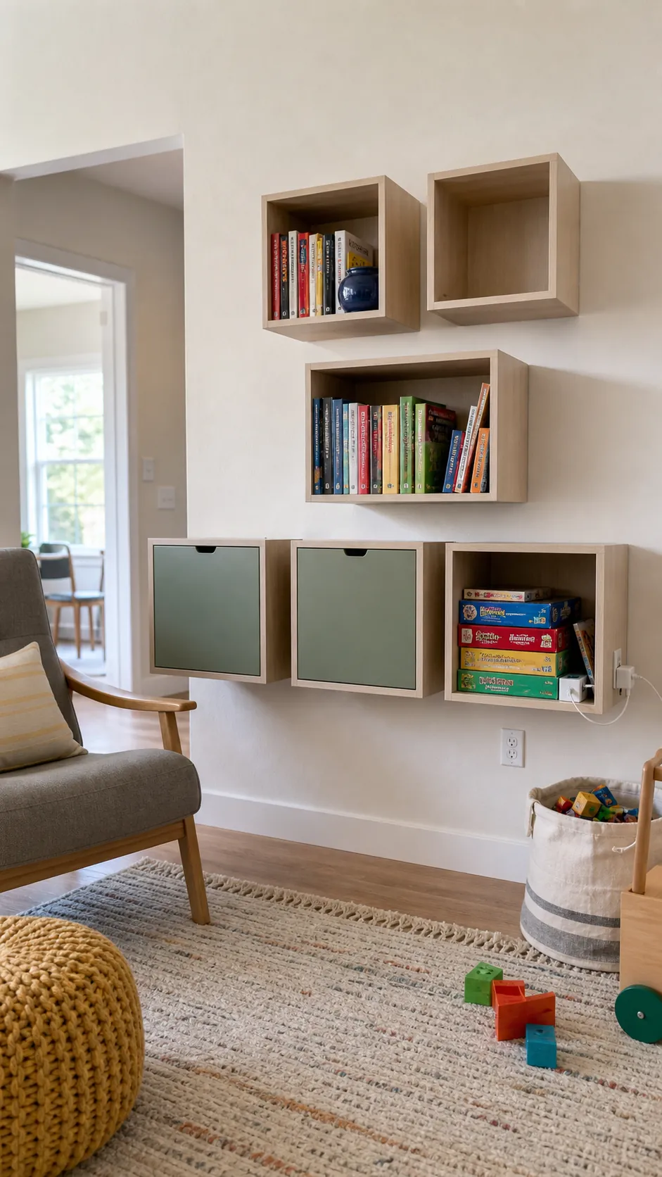 Asymmetrical modular cubby shelves with books and closed storage