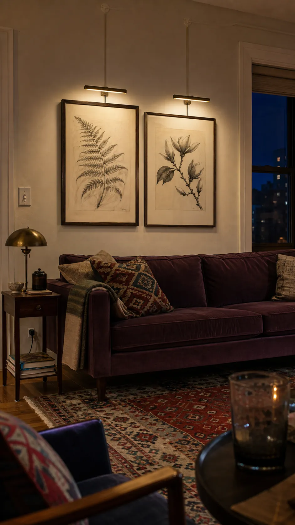 Warm picture lights illuminating two framed charcoal botanical drawings