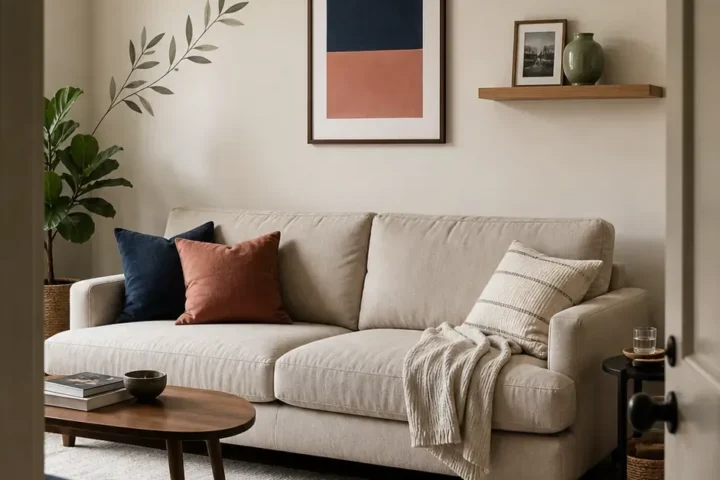 Living room wall decor with decals, art, and a shallow picture ledge