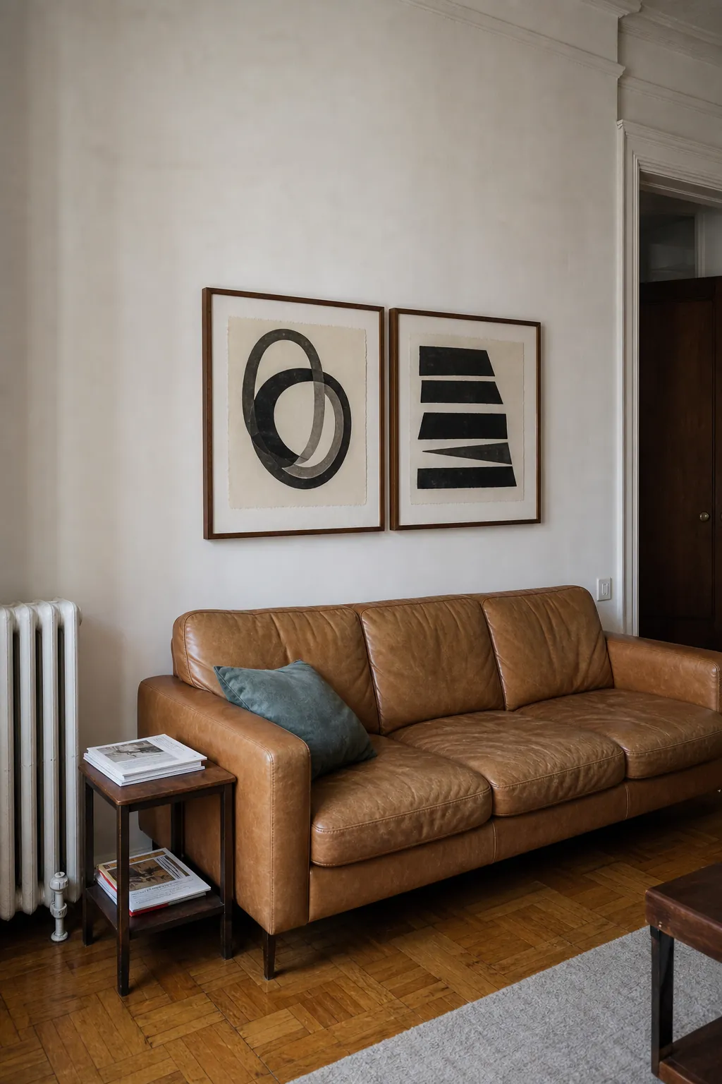 Balanced horizontal diptych centered above a living room couch