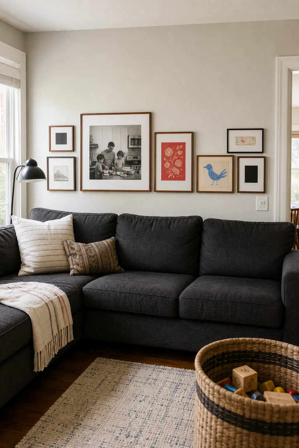 Low linear gallery wall with personal photographs above a sofa