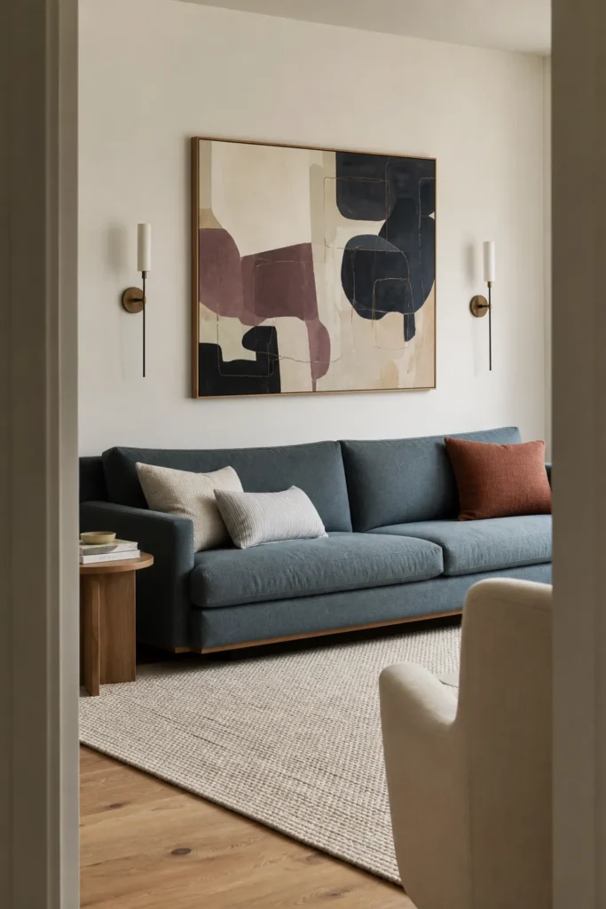 Correctly scaled abstract wall decor centered above a blue sofa