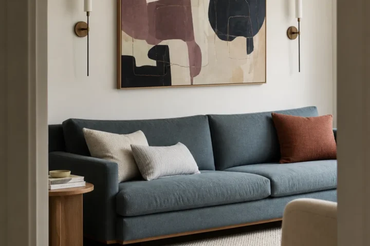 Correctly scaled abstract wall decor centered above a blue sofa