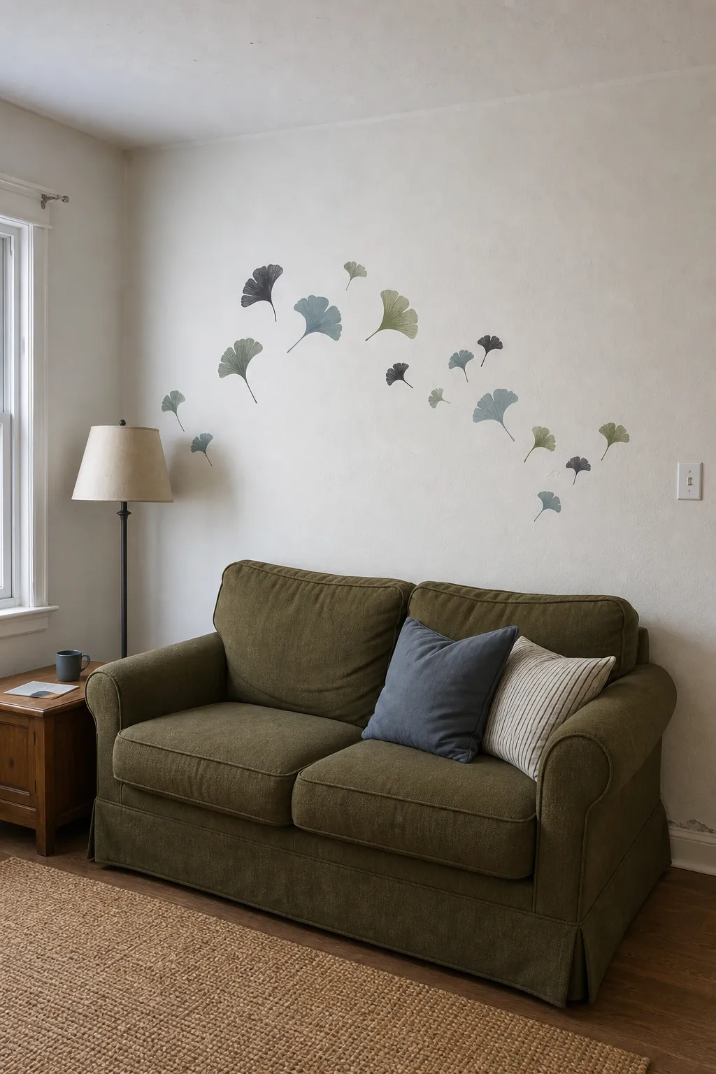 Matte ginkgo leaf wall decals forming an arc above a couch