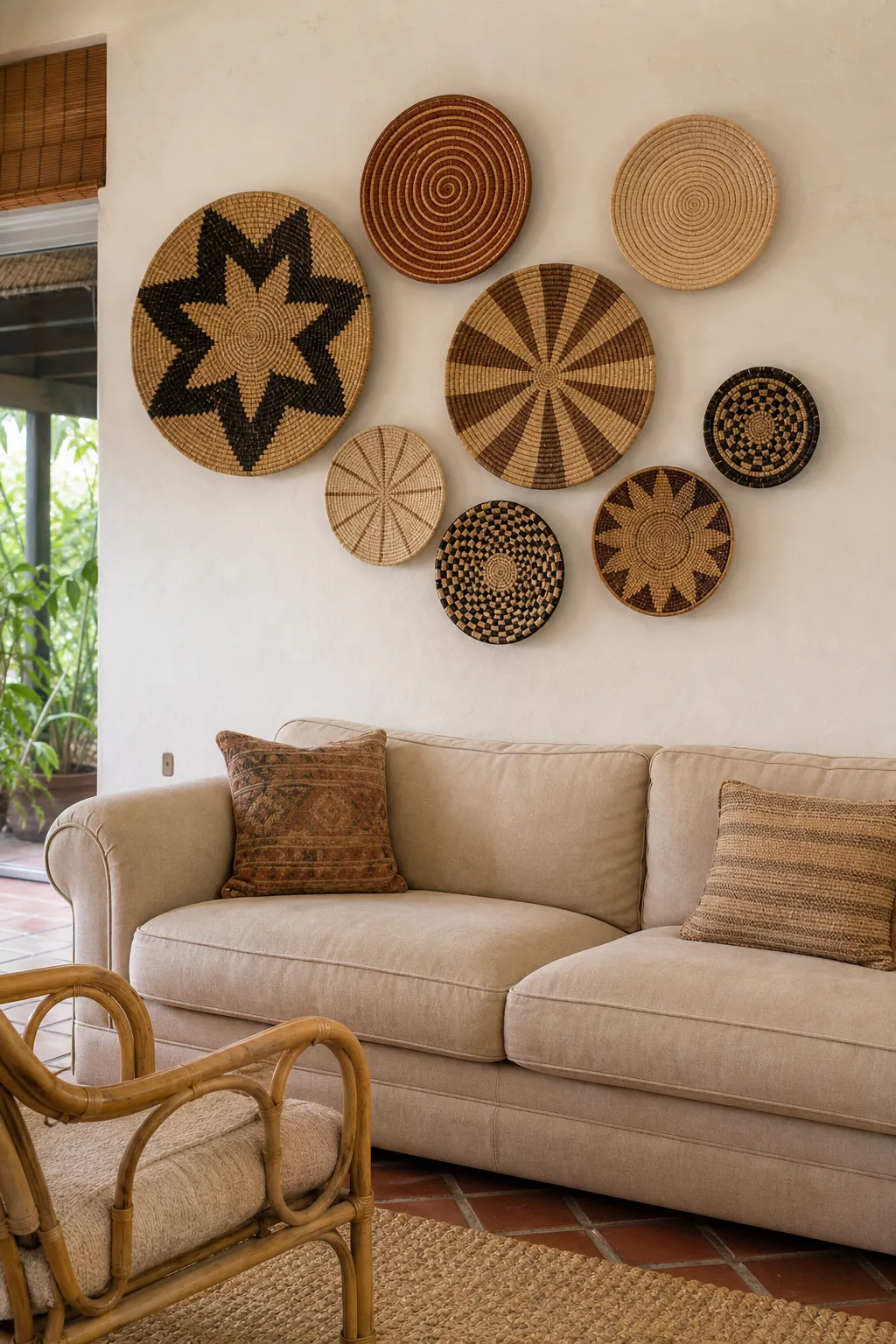 Sculptural woven basket grouping above a neutral couch