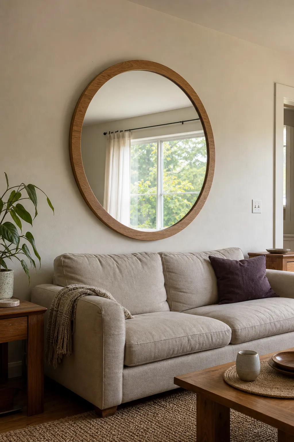 Large round oak mirror above a sofa reflecting a bright window