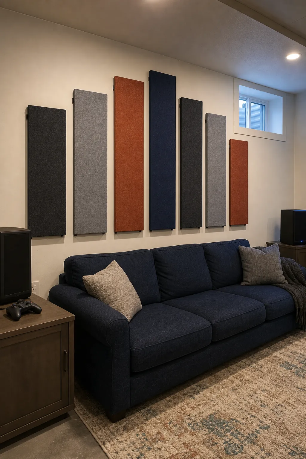 Graduated rust and charcoal acoustic felt panels above a sofa