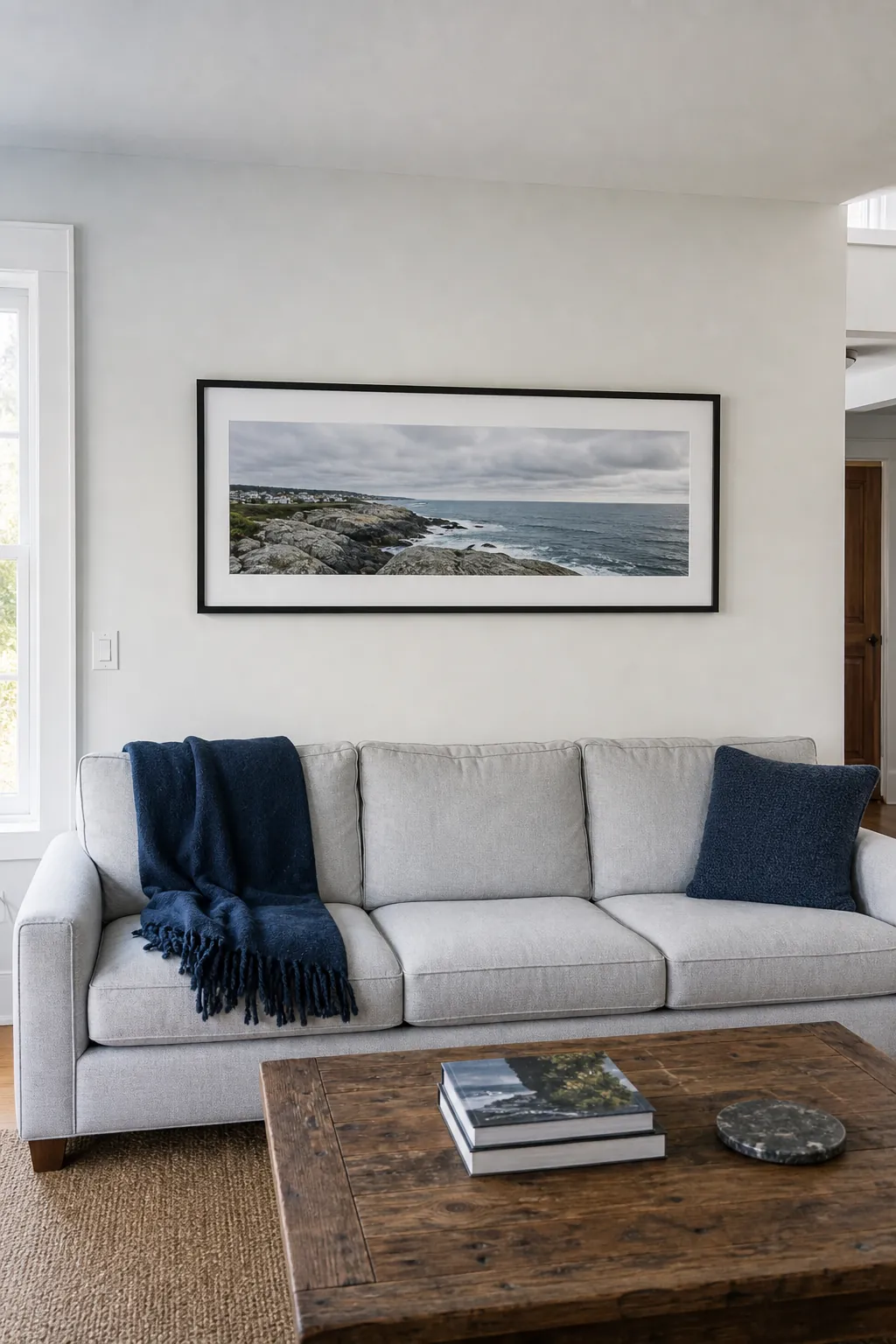 Wide coastal photograph hung low above a long sofa