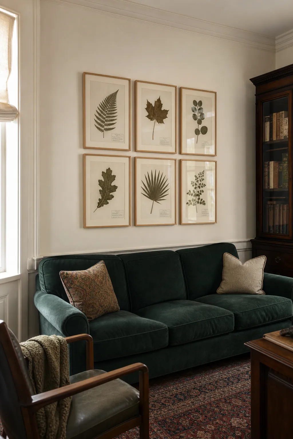 Pressed fern and leaf specimen grid above a green couch