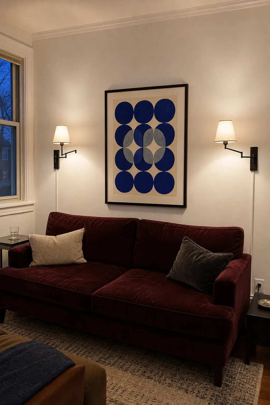 Slim plug-in sconces flanking a bold print above a sofa