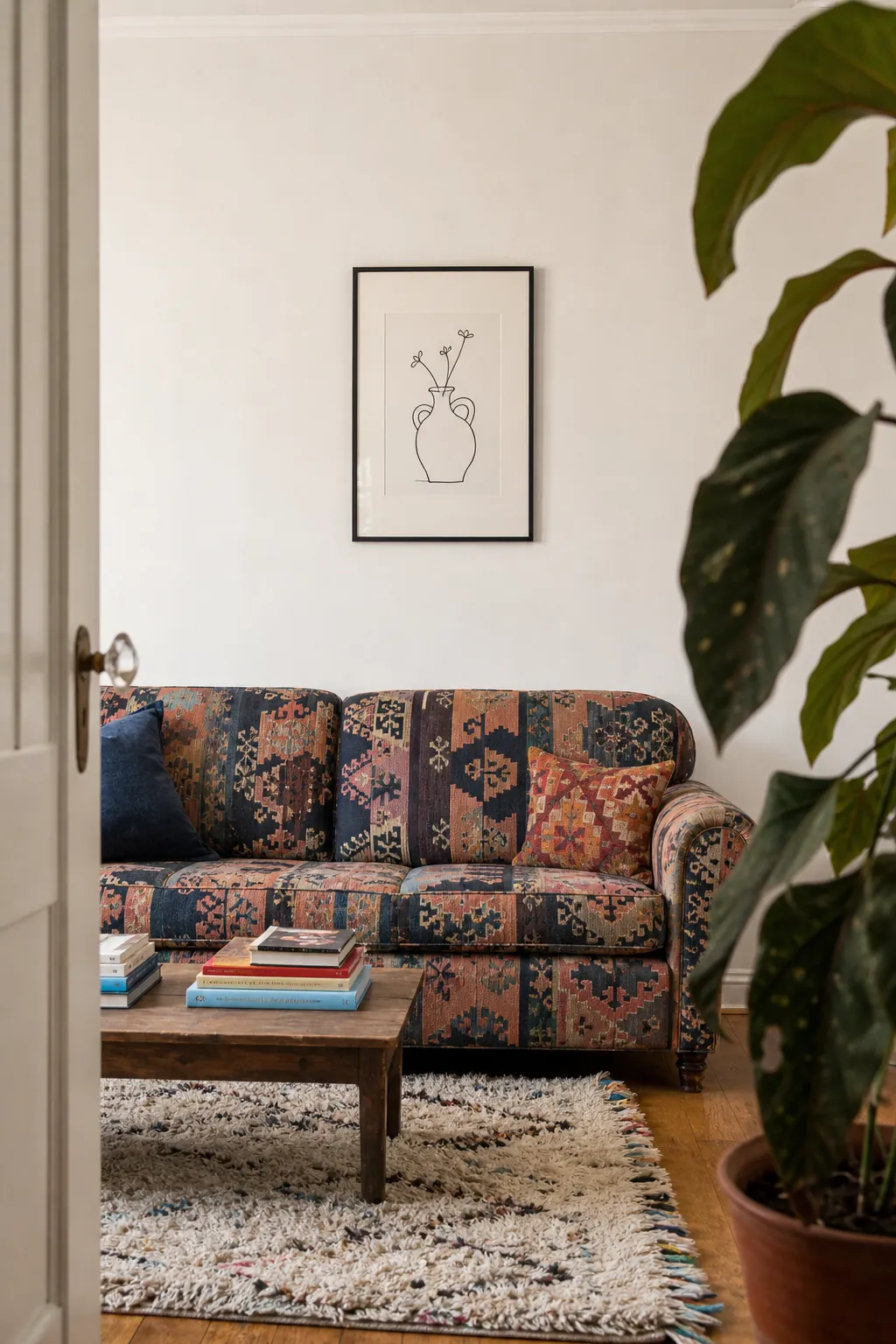 Single minimalist ceramic-vase line drawing above a patterned sofa