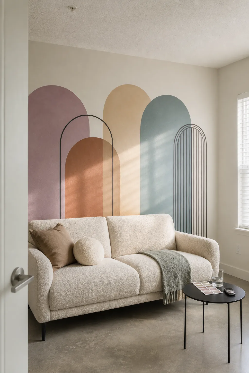 Removable geometric arch mural framing a modern sofa