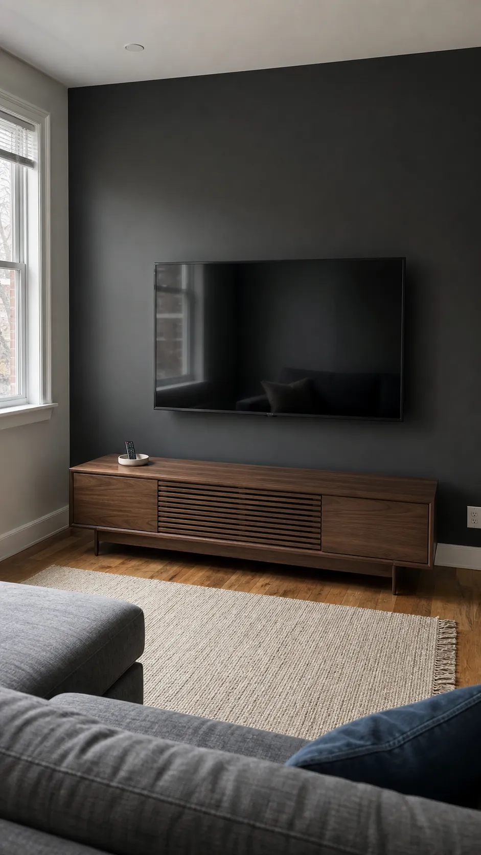 Television on a matte charcoal accent wall with minimal decor