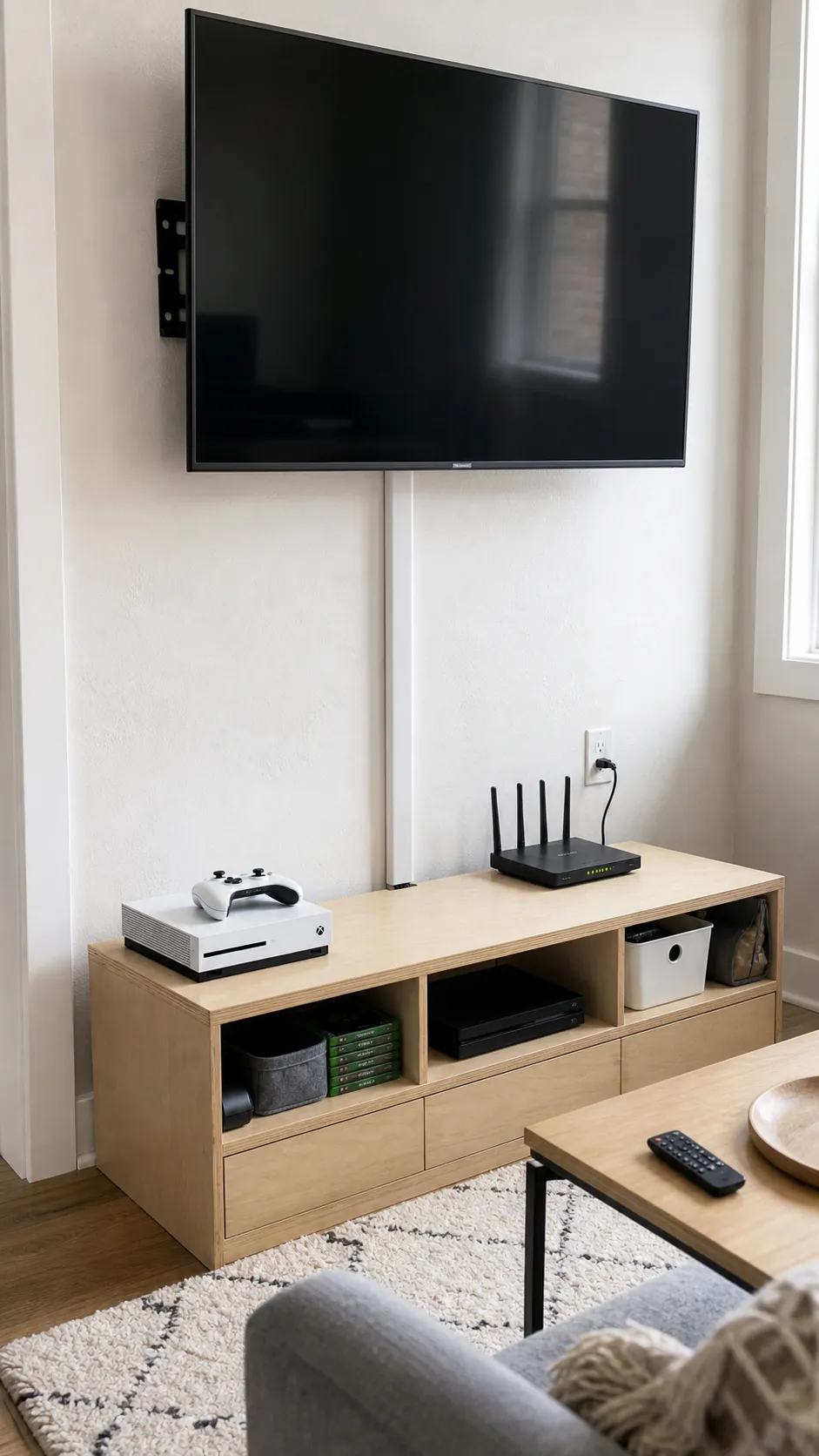 Paintable cable channel creating a clean route below a wall-mounted TV