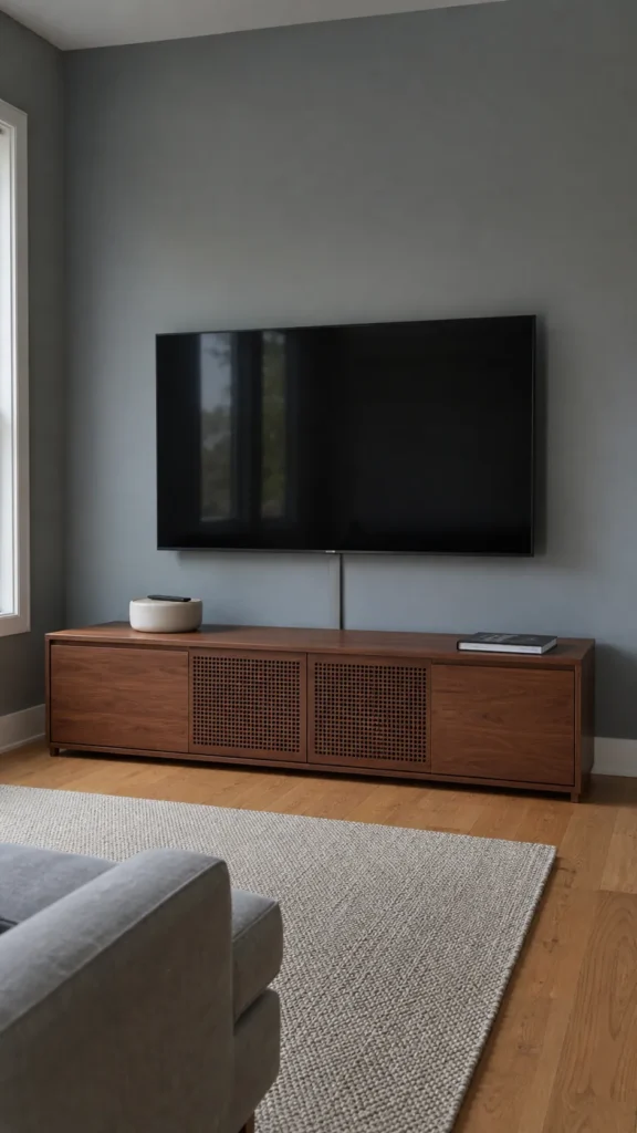 Clean TV wall with wide console, hidden cables, and intentional empty space