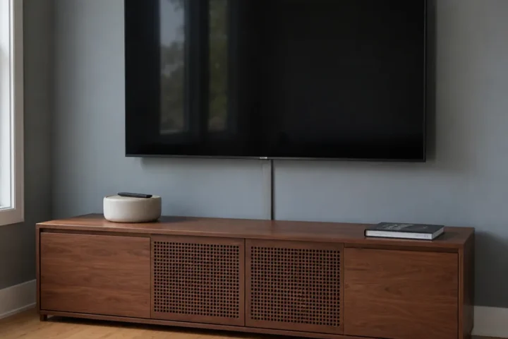 Clean TV wall with wide console, hidden cables, and intentional empty space