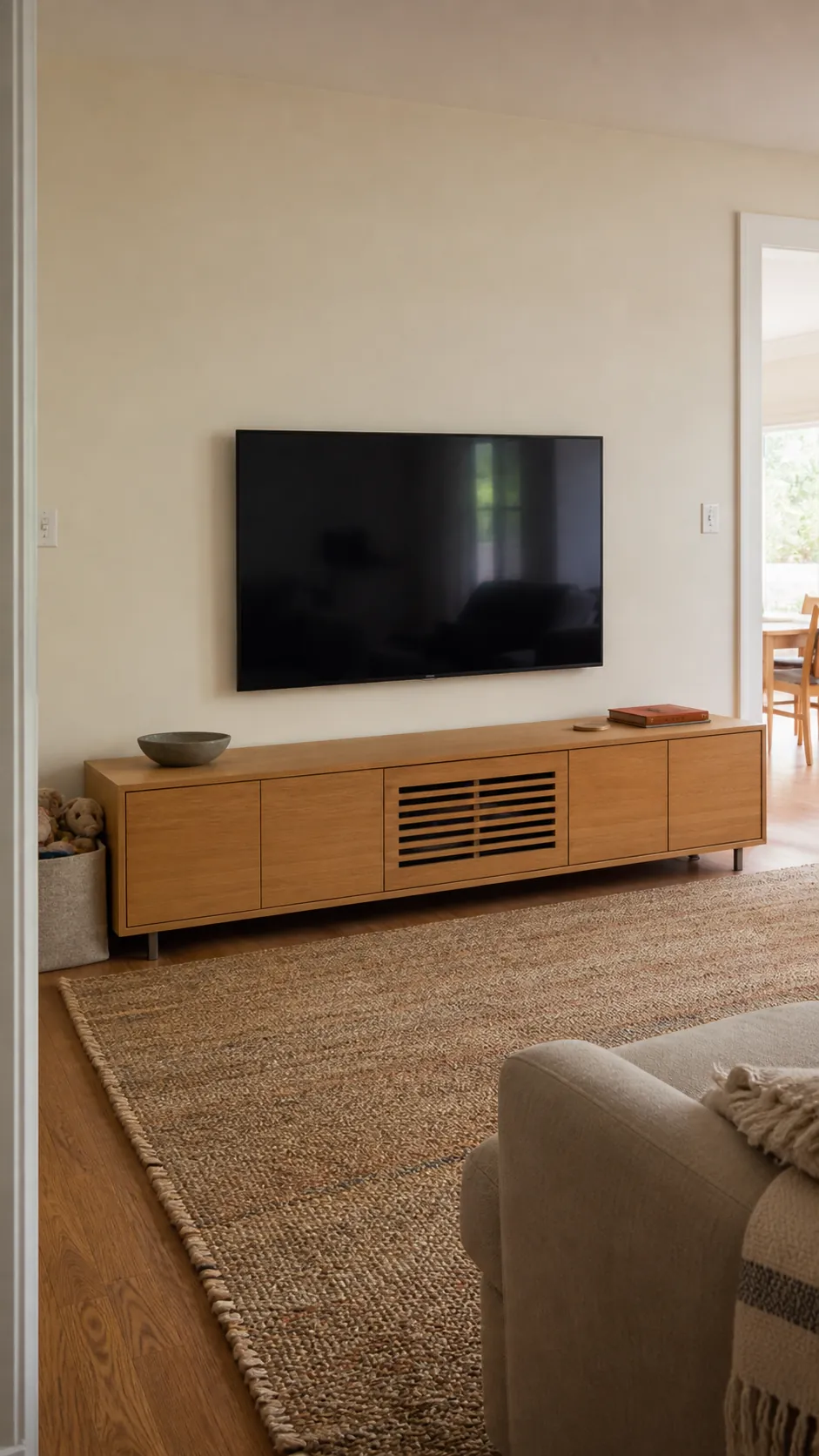 Wide oak media console grounding a wall-mounted television