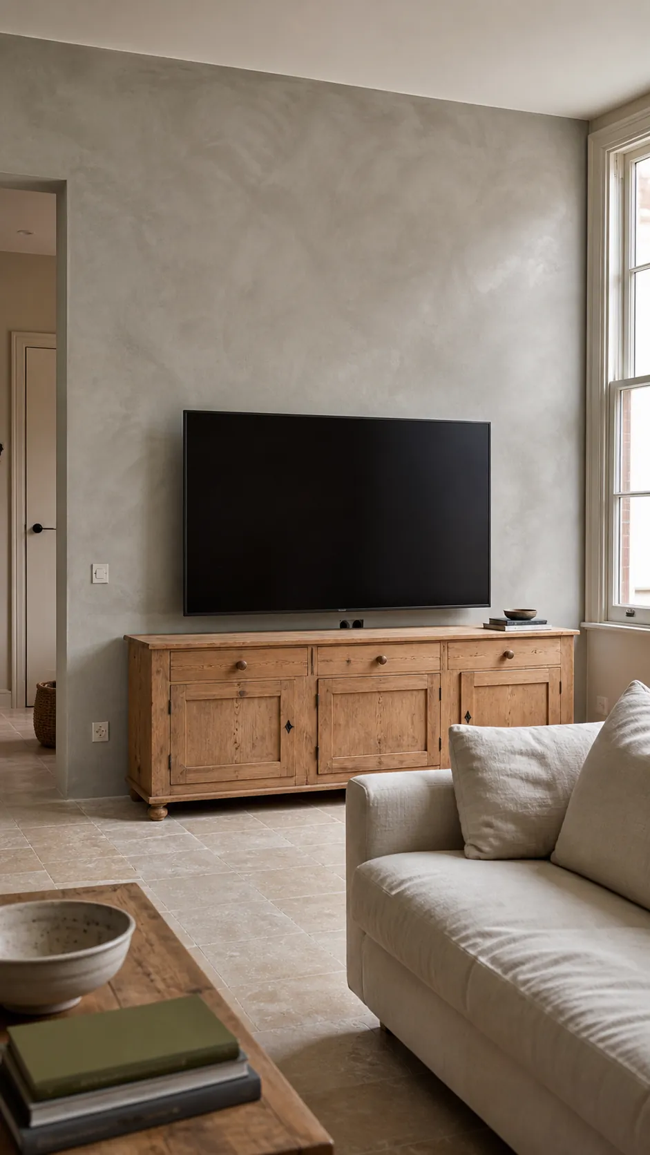 Soft mineral-gray limewash texture behind a television
