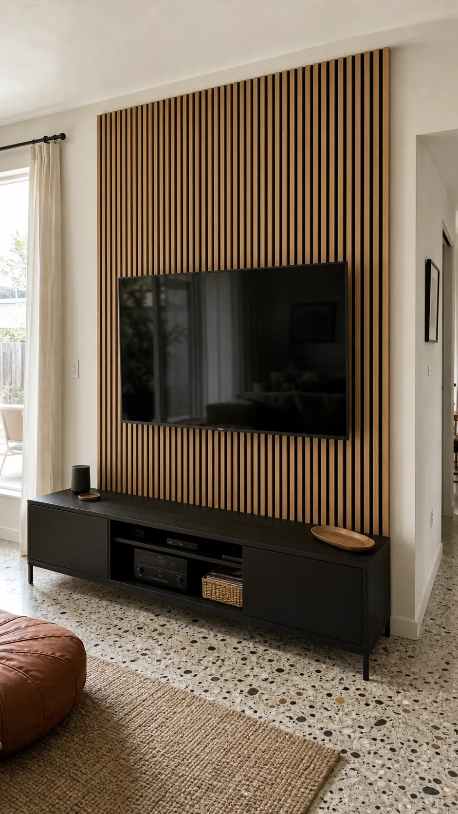 Television centered on a vertical oak slat media panel