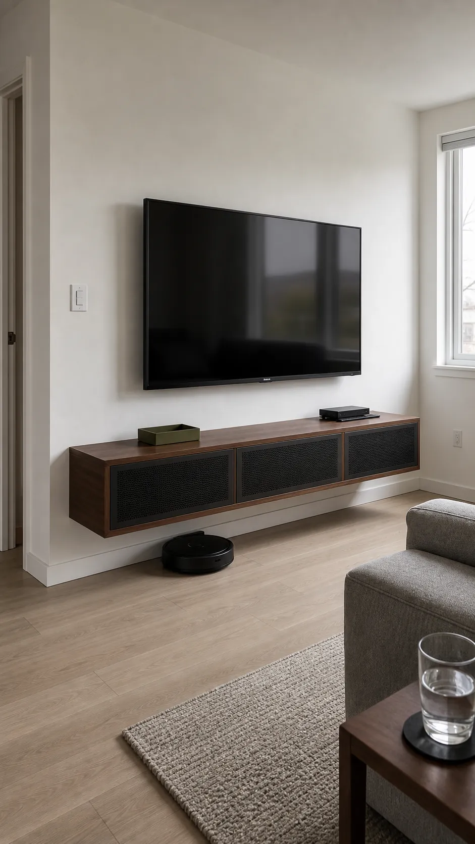Low floating media cabinet beneath a centered television