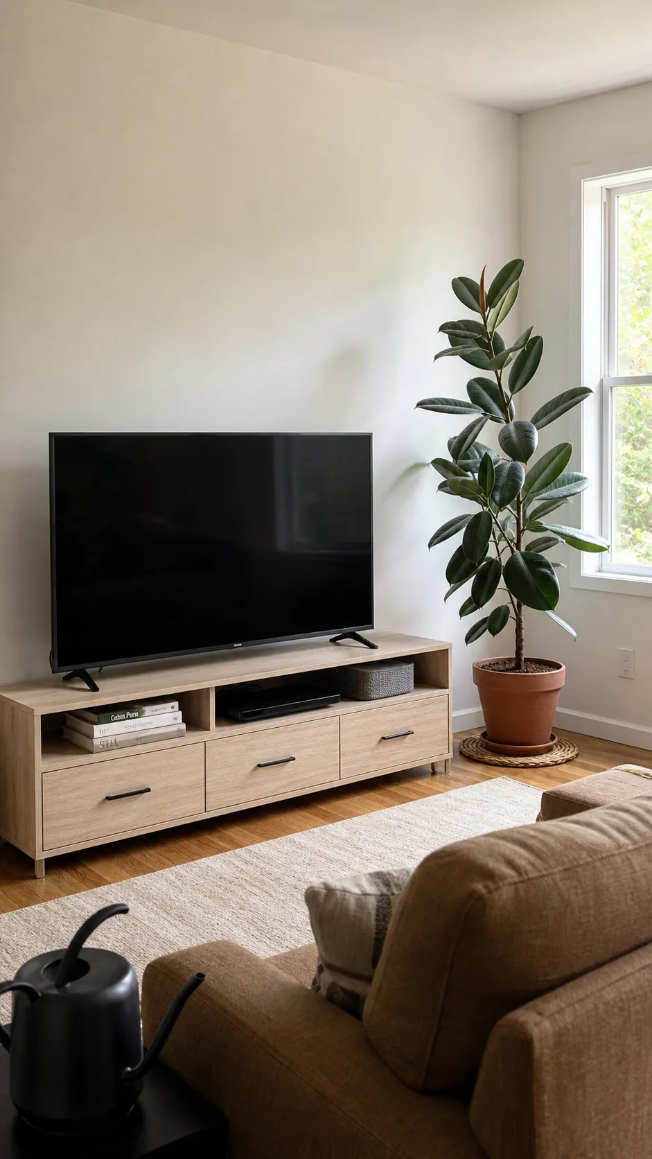 Tall rubber plant balancing one side of a simple TV console