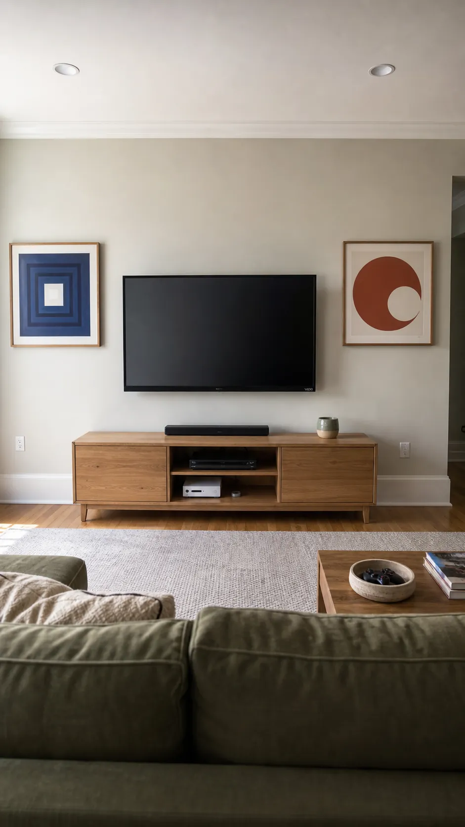 Matching geometric prints positioned outside a wall-mounted TV
