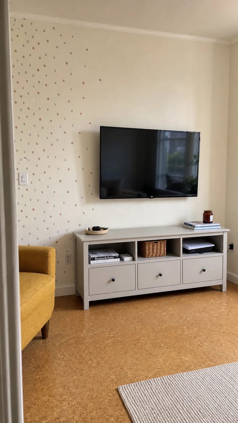 Sparse matte dot decals fading beside a television