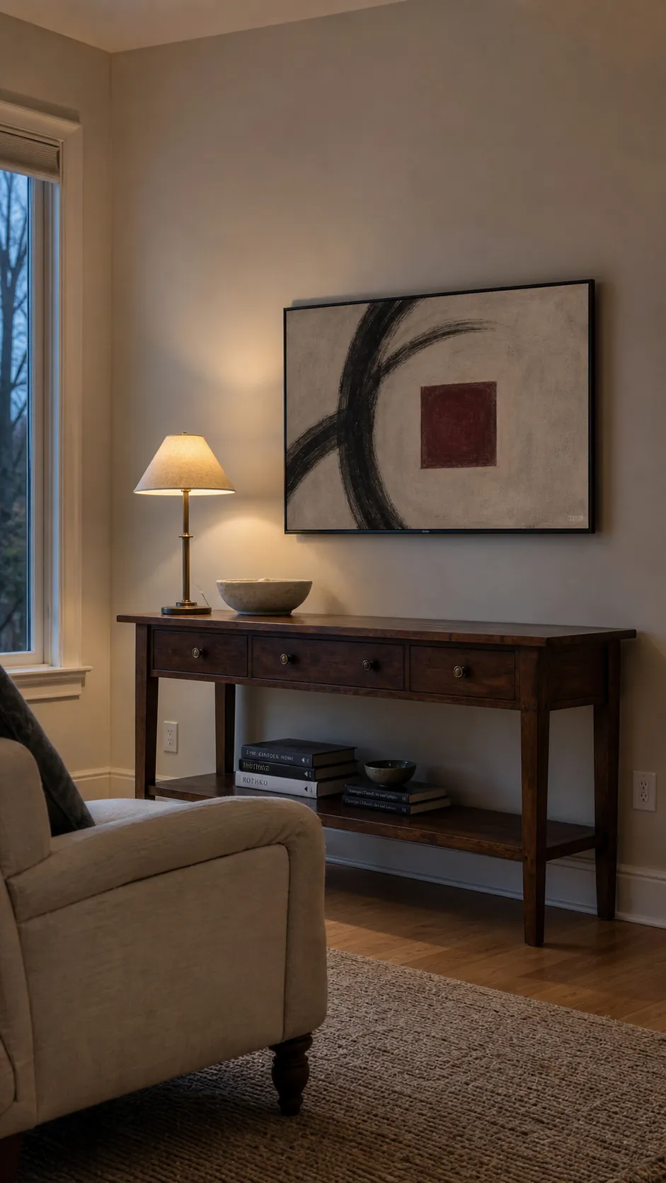 Television displaying quiet abstract art on an otherwise empty wall