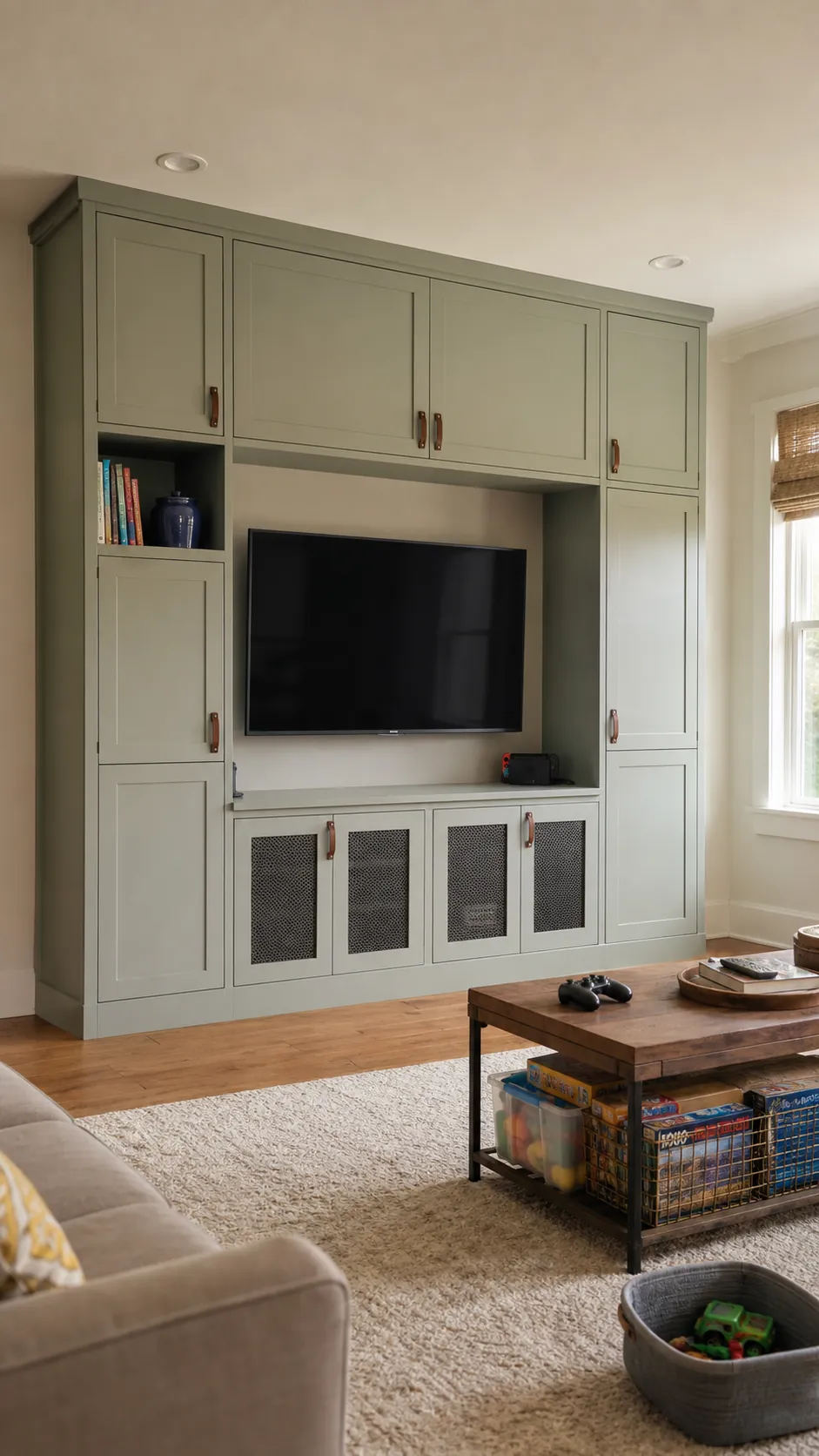 Closed sage storage towers framing a television and low console