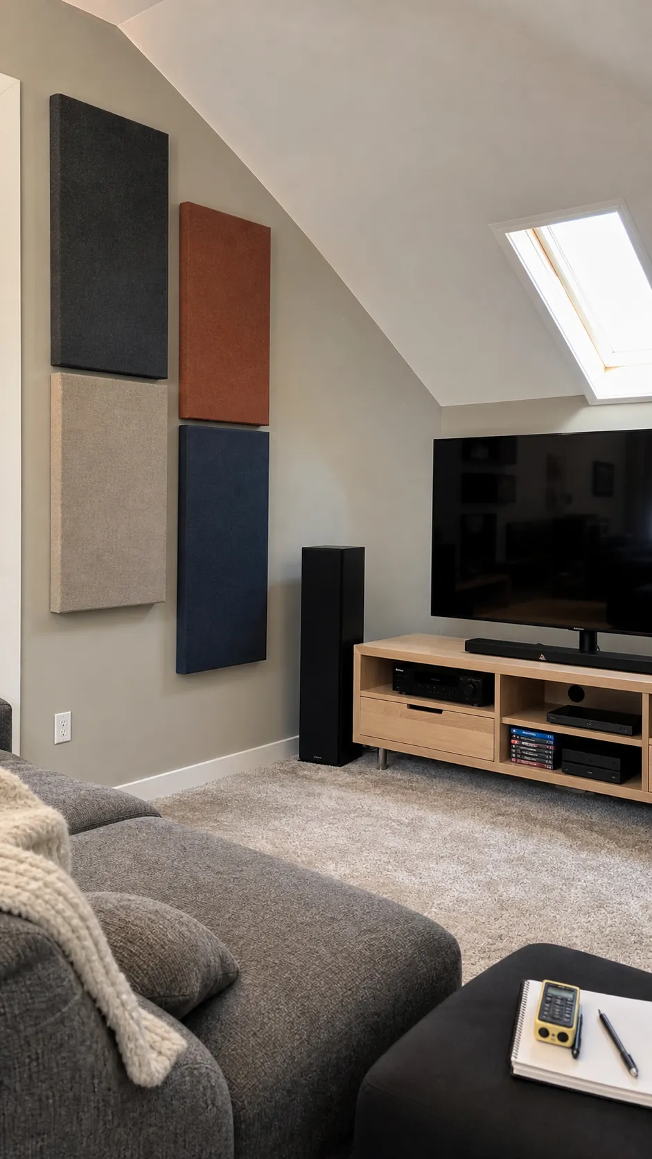 Asymmetric fabric acoustic panels beside a television