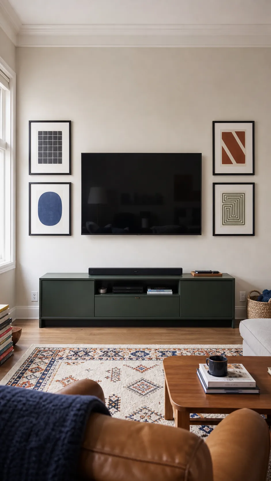 Four cohesive abstract prints arranged outside a television