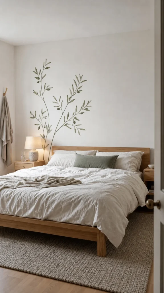 Calm finished bedroom with a restrained botanical wall decal composition
