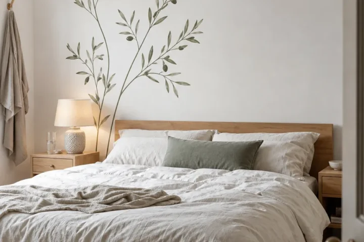 Calm finished bedroom with a restrained botanical wall decal composition