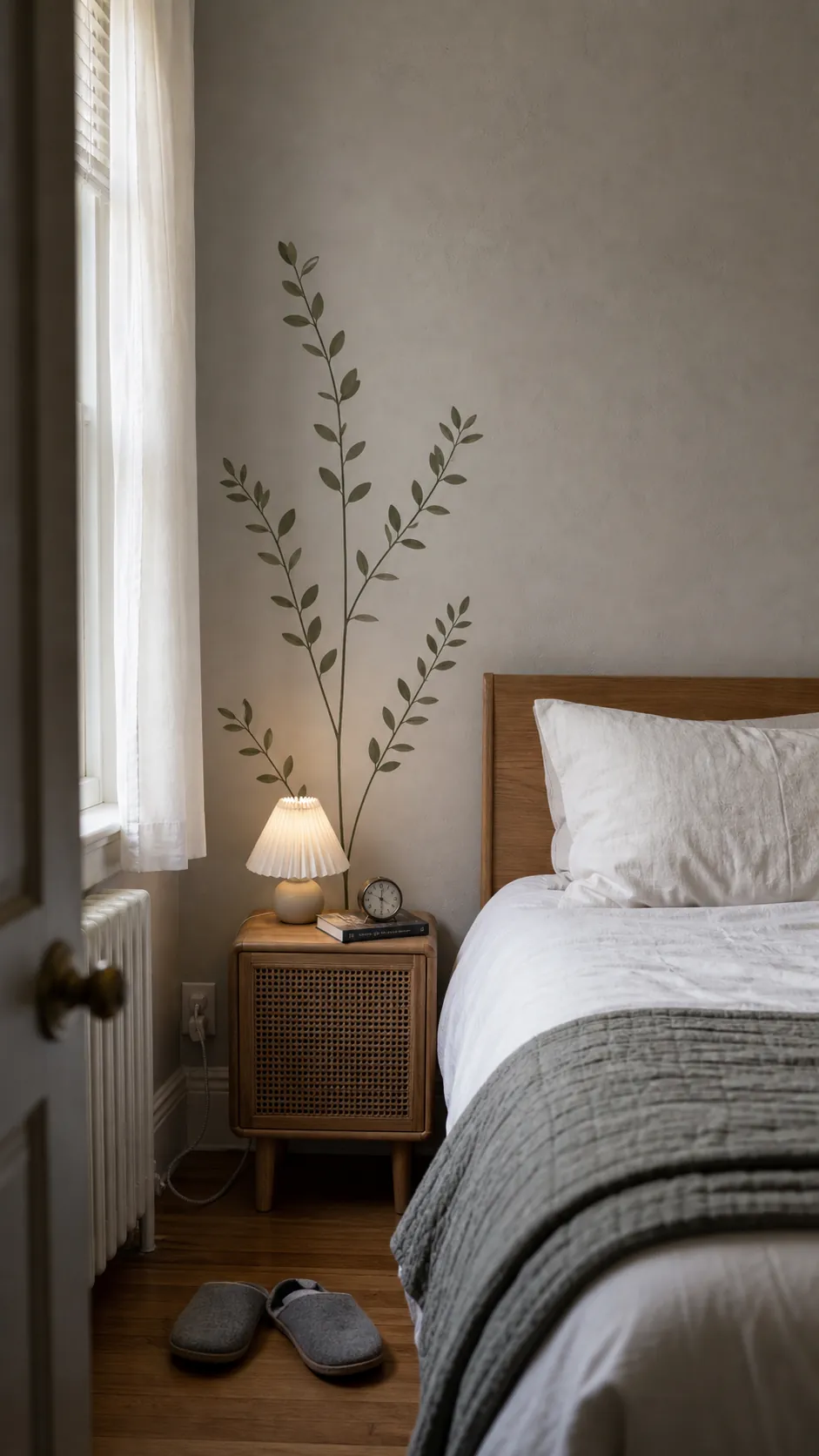 Slim olive botanical wall decals rising beside a bedroom nightstand