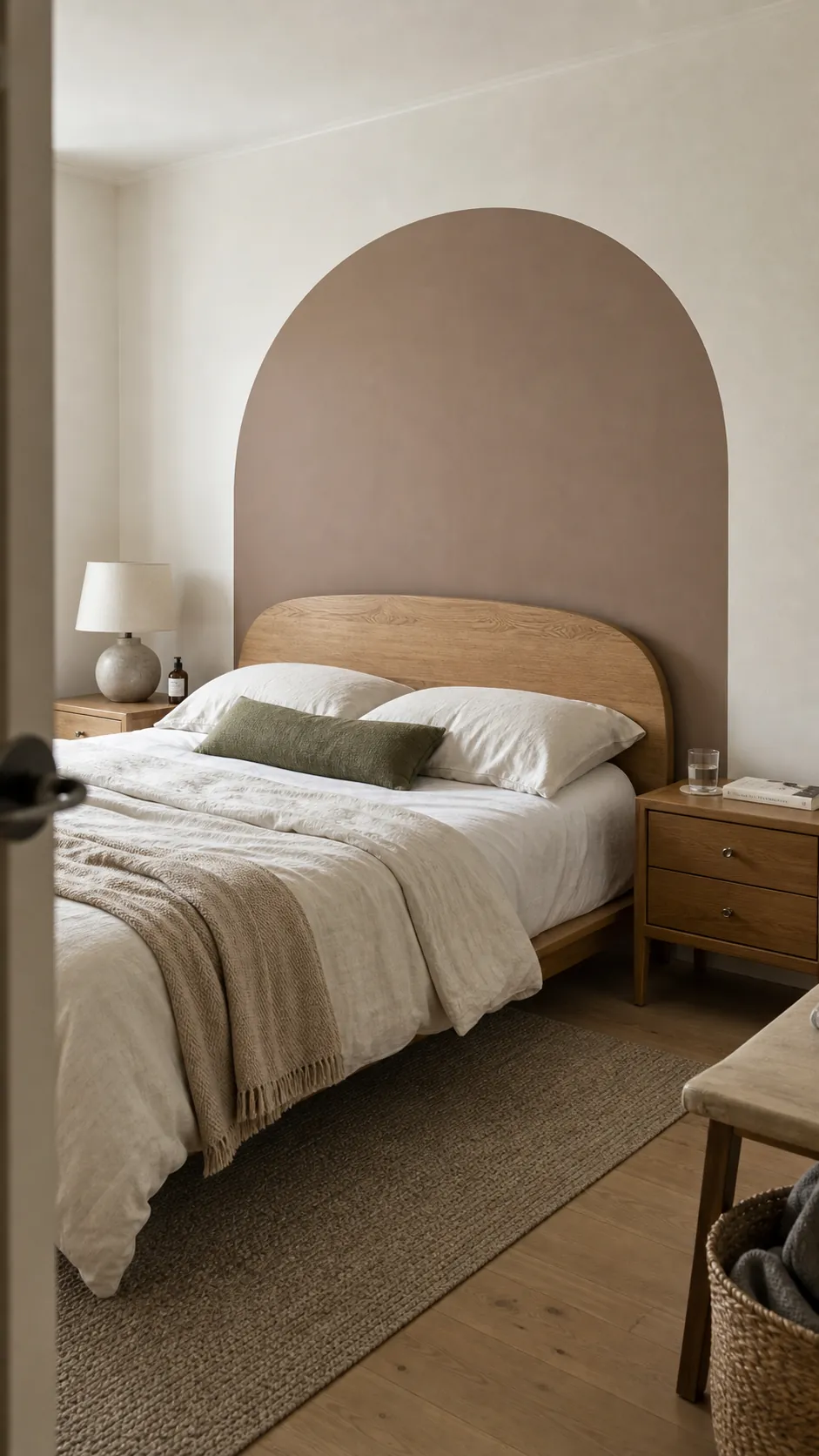 Muted clay arch bedroom wall decal centered behind a low bed