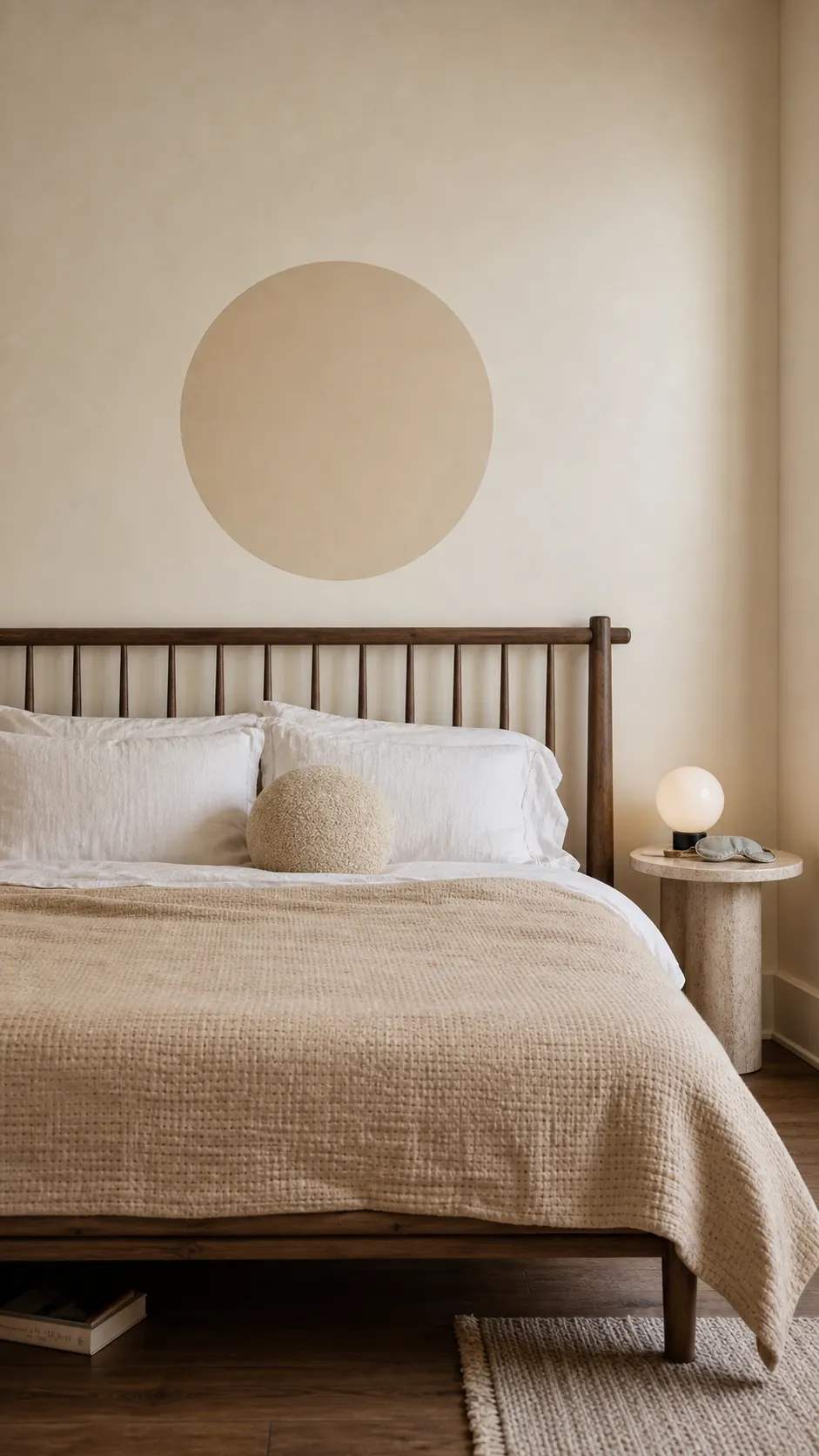 Tonal sand sun disc wall decal above a natural wood bed
