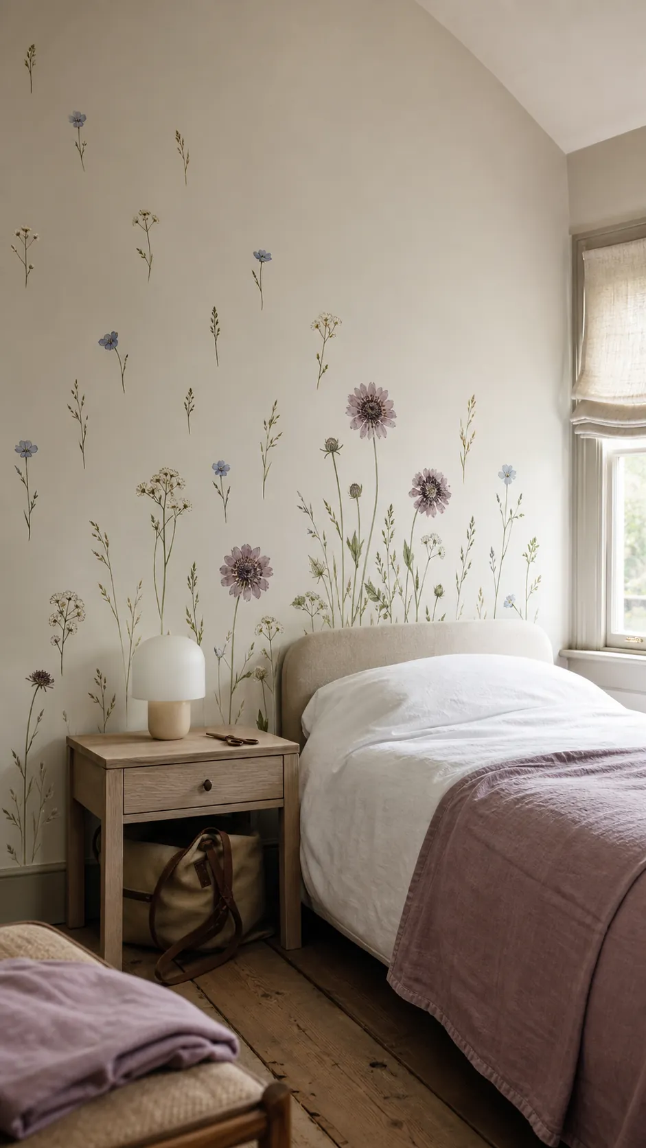 Widely spaced muted meadow flower decals on a calm bedroom wall