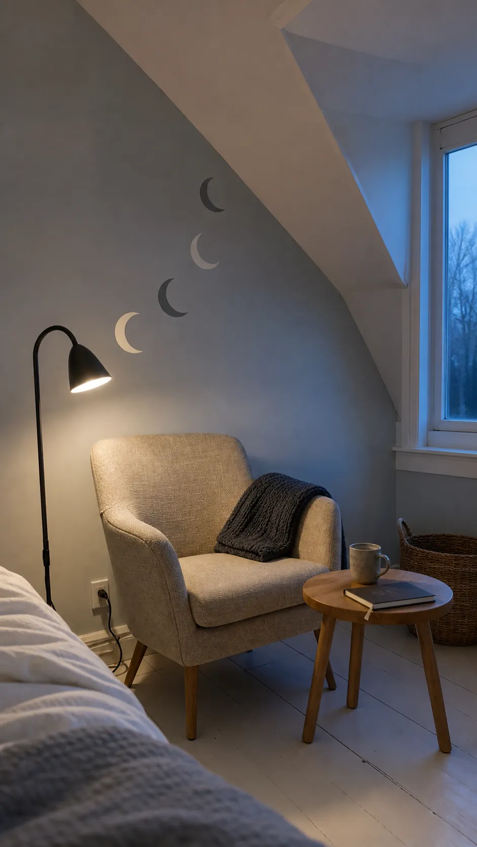Minimal pewter crescent moon decals beside a bedroom reading chair