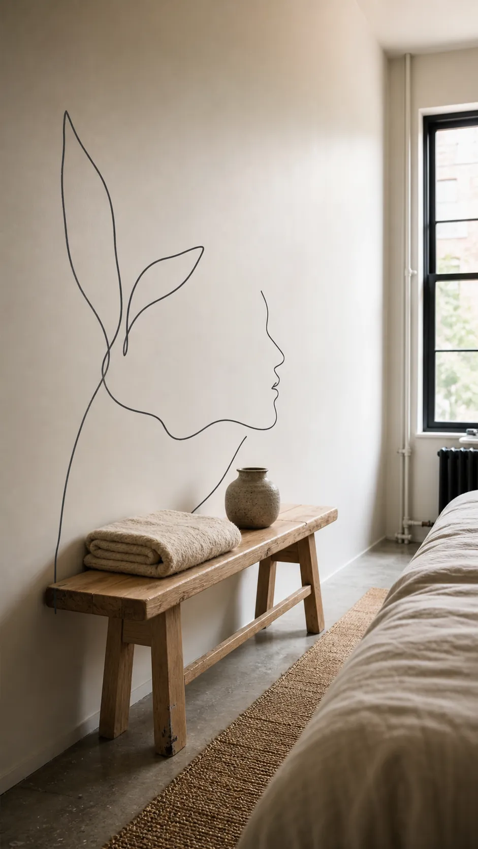 Charcoal continuous-line botanical mural decal behind a bedroom bench