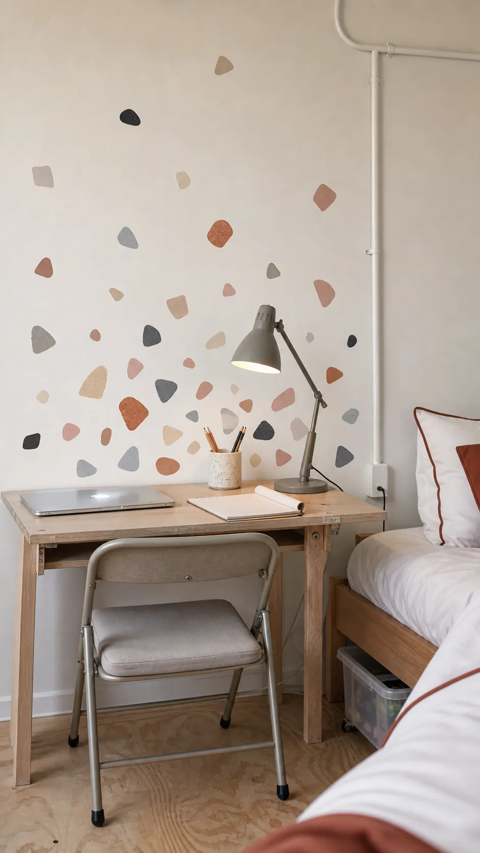 Restrained terrazzo wall stickers behind a compact bedroom desk
