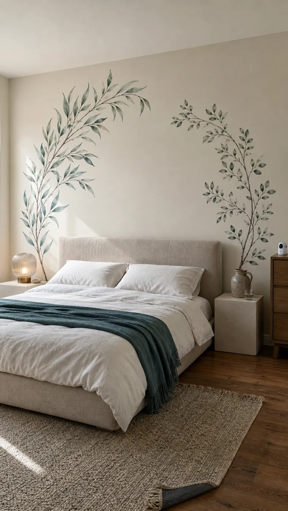 Airy blue-green watercolor branch decals framing a linen bed