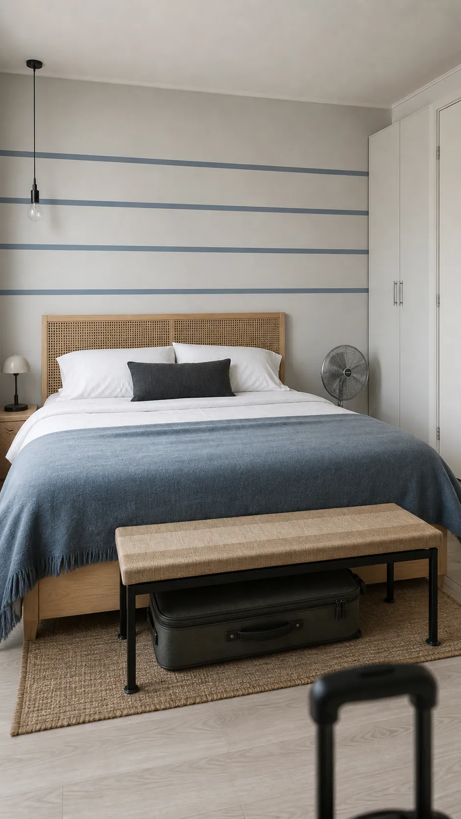 Widely spaced stone blue decal stripes on a serene bedroom wall