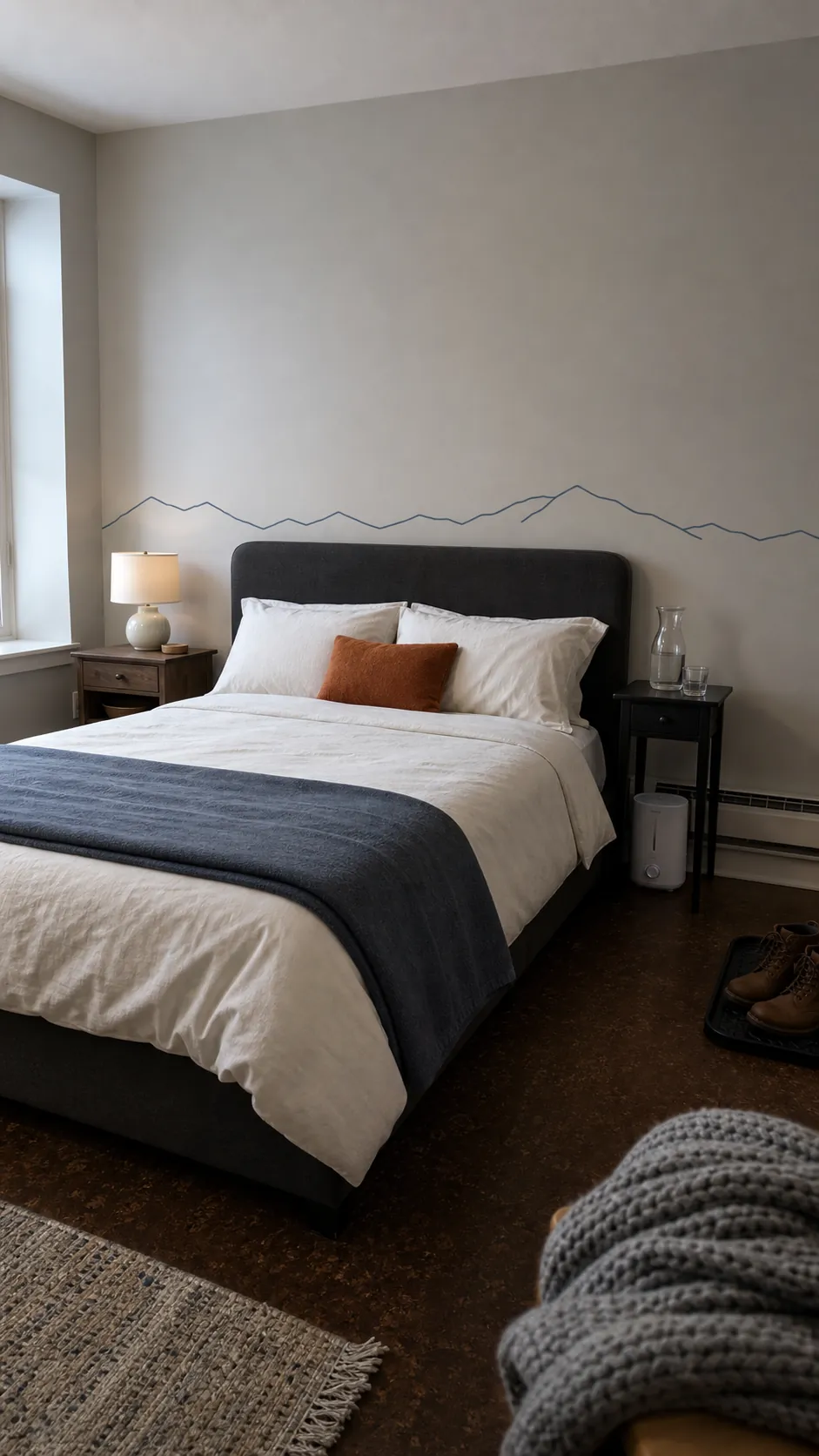 Minimal fog-blue mountain contour decal running behind a bed